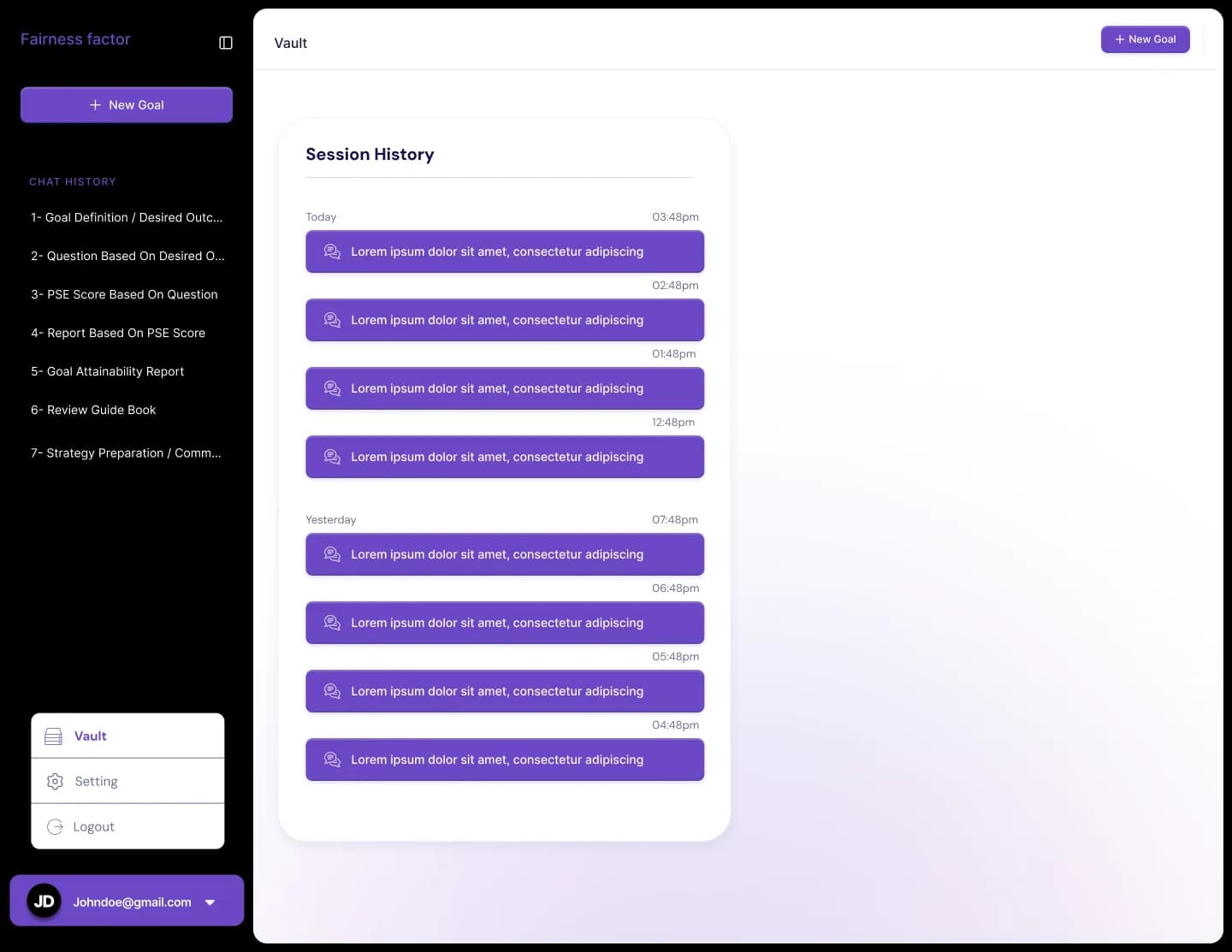 Vault screen listing session history grouped by day