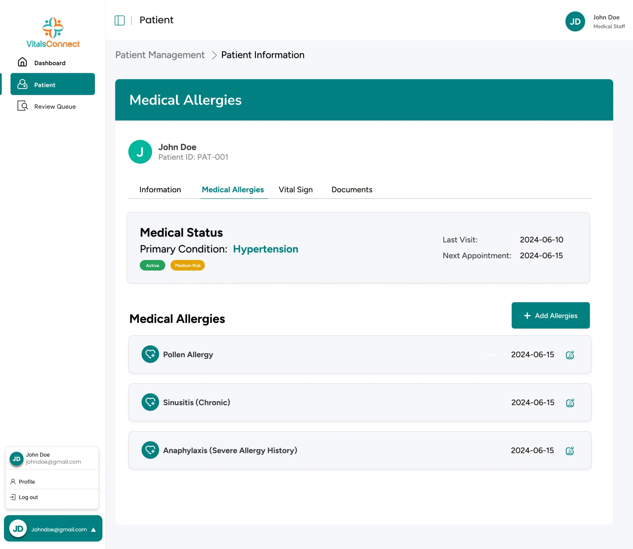 VitalsConnect Medical History screen