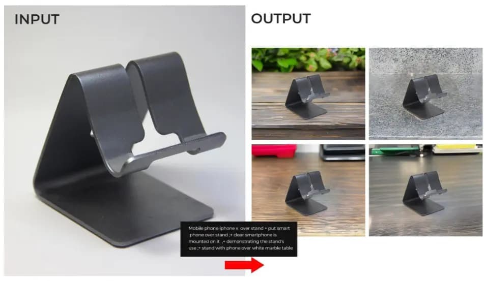 Ad-Inpaint: phone stand composited onto a marble table