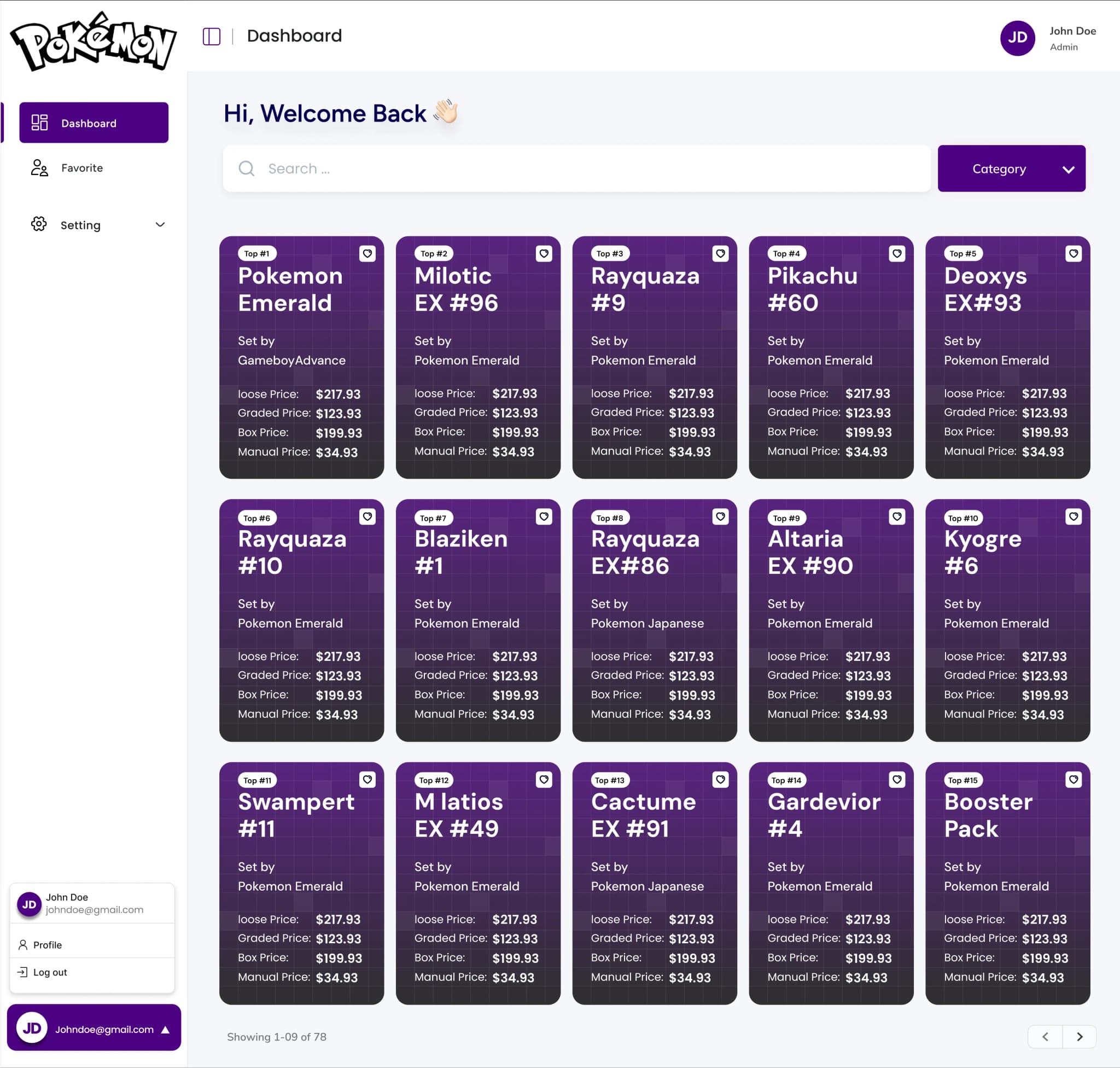 Full card catalog list view with prices for every card