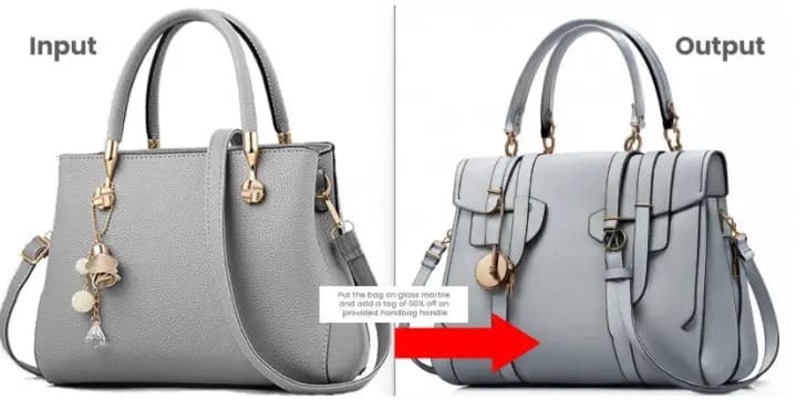 Ad-Inpaint: handbag on marble with a 50% off discount tag