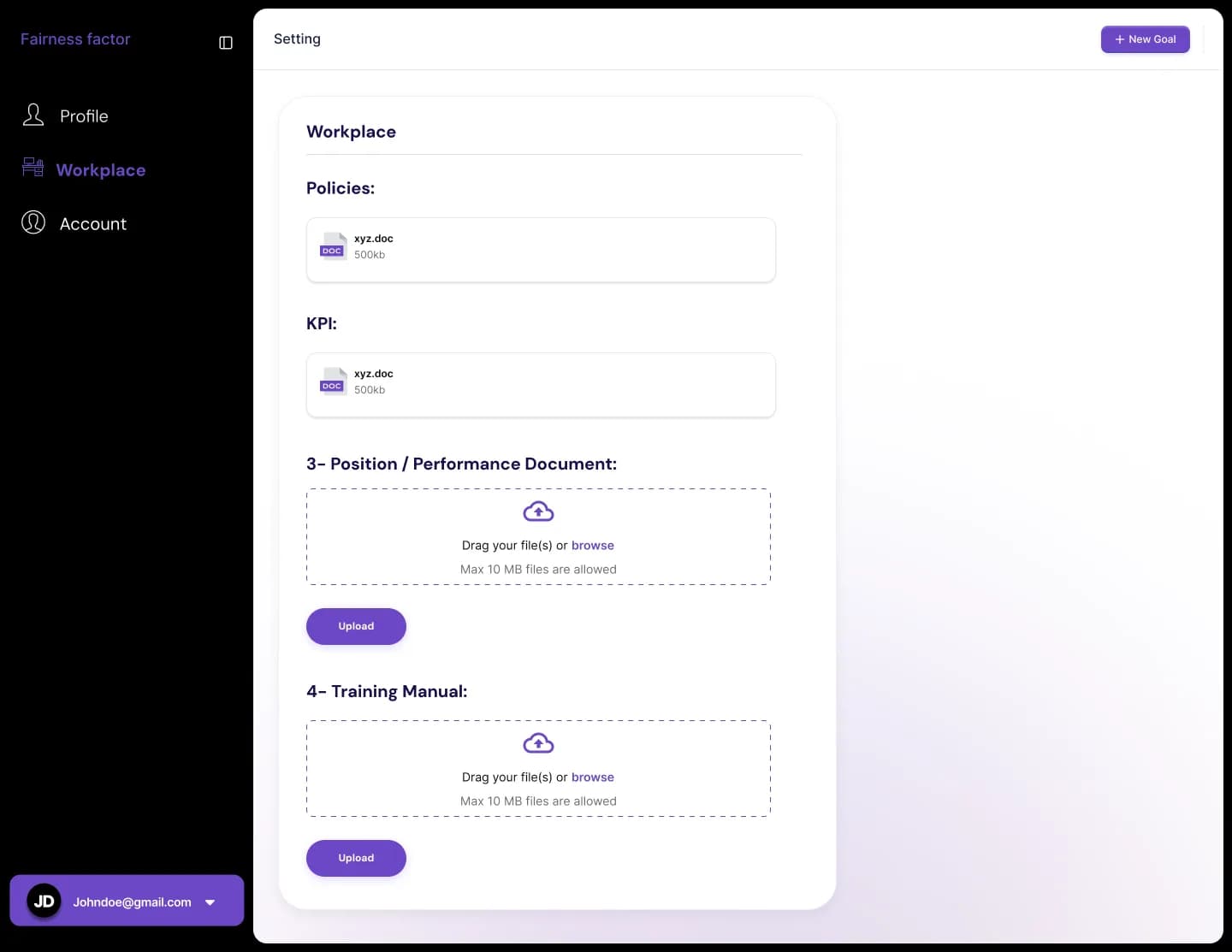 Workplace settings screen with policy, KPI, position, and training document uploads