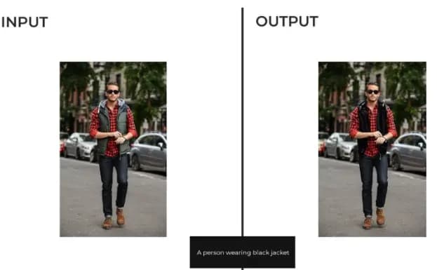 Fashion AI: black jacket in-painted onto the model
