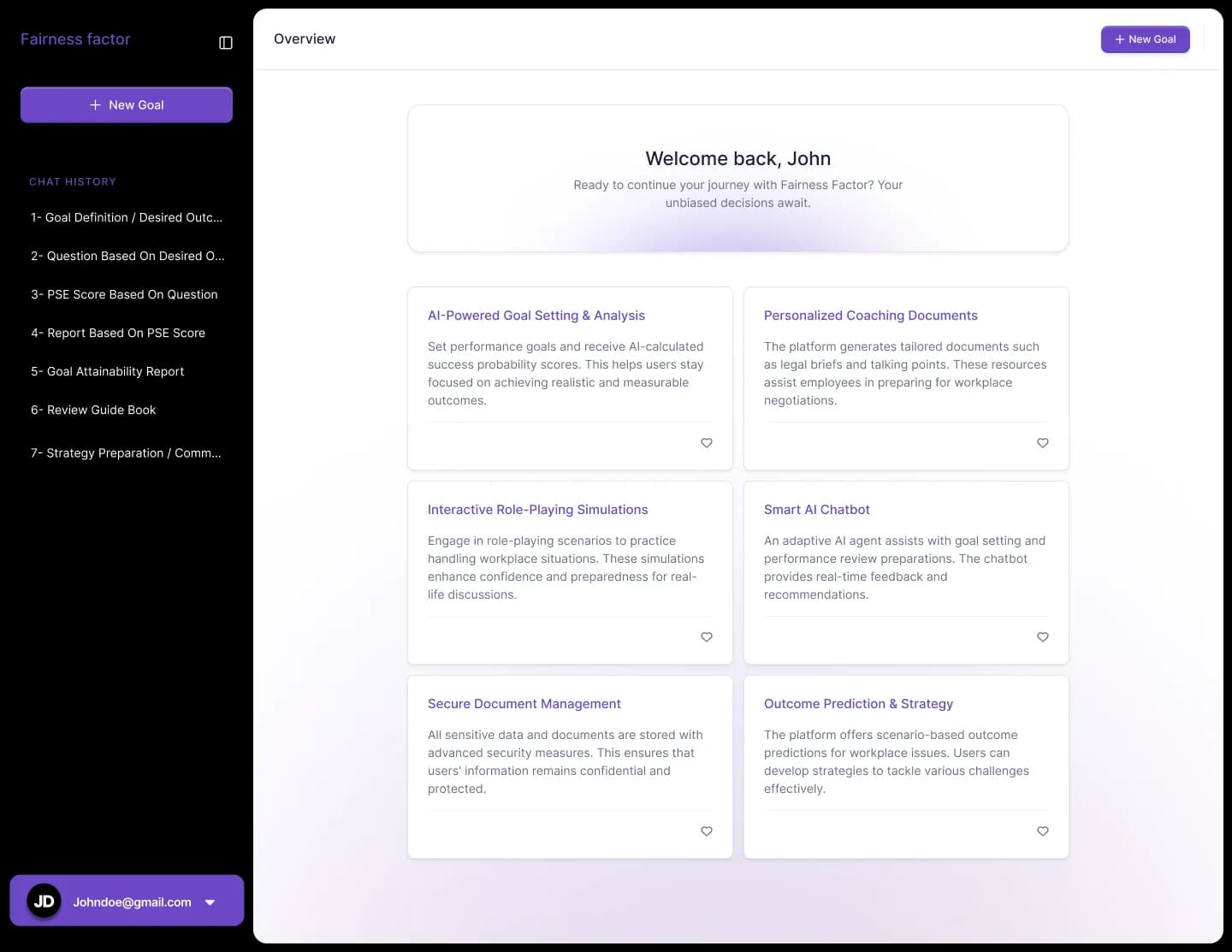 Fairness Factor session overview with chat history sidebar and capability cards