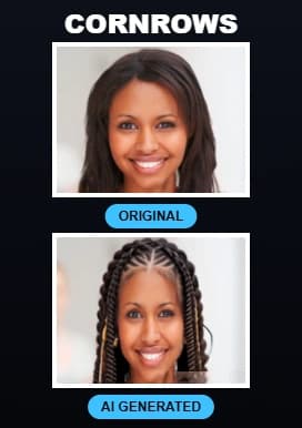 Cornrows — the customer's original photo wiped against the AI generated result