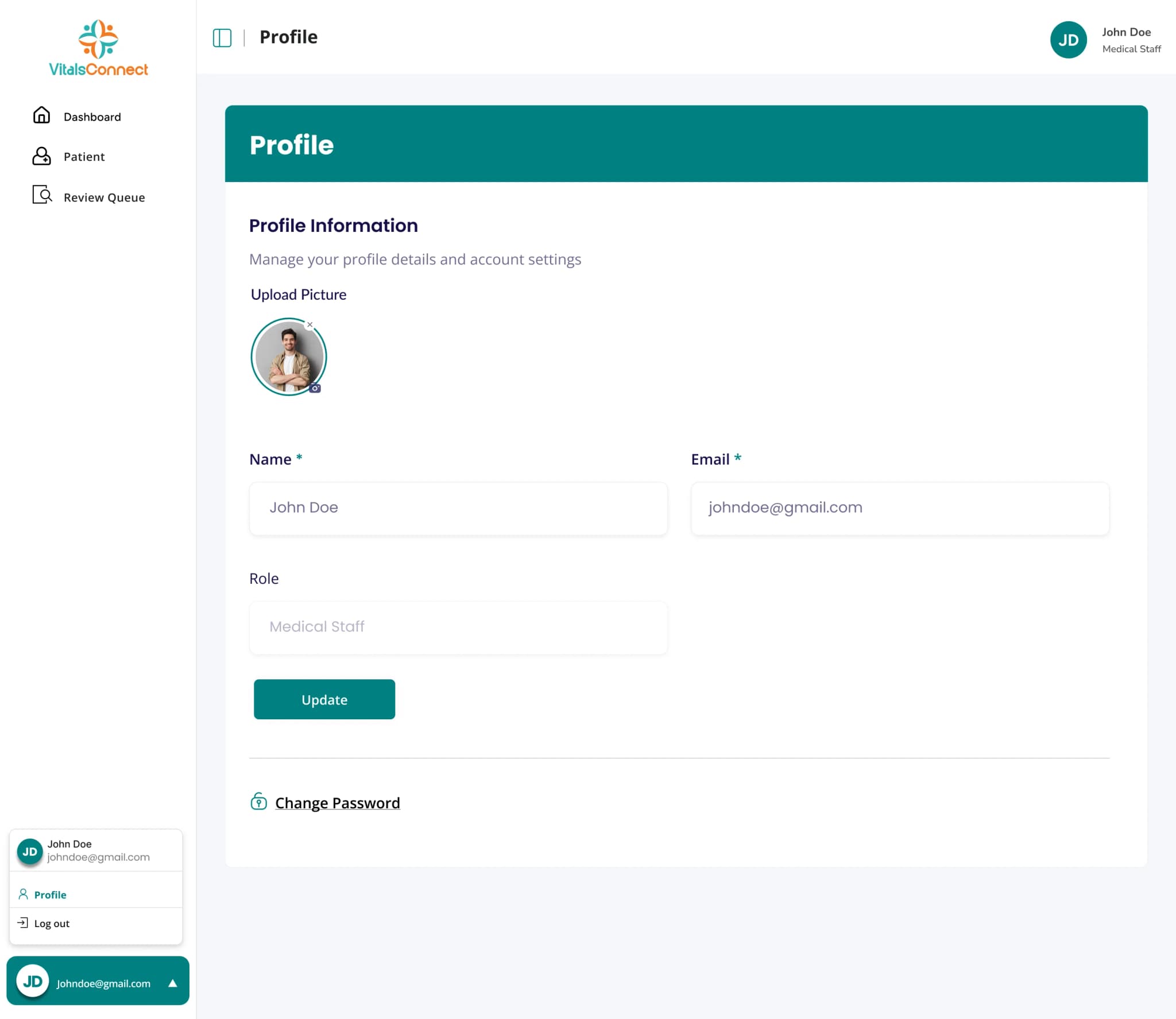 VitalsConnect Accounts screen