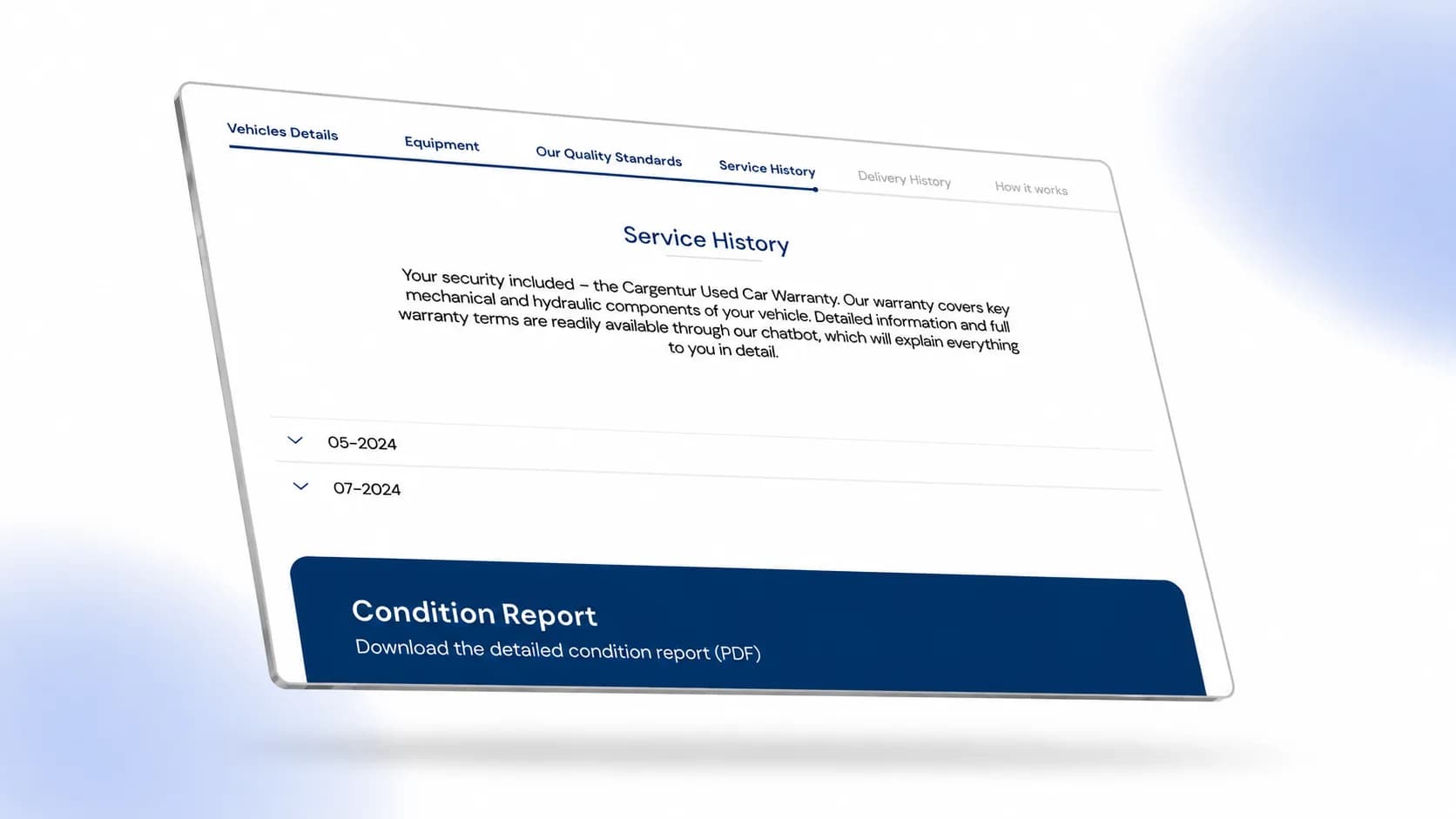 The same page showing the section tabs, service history, and the condition report download