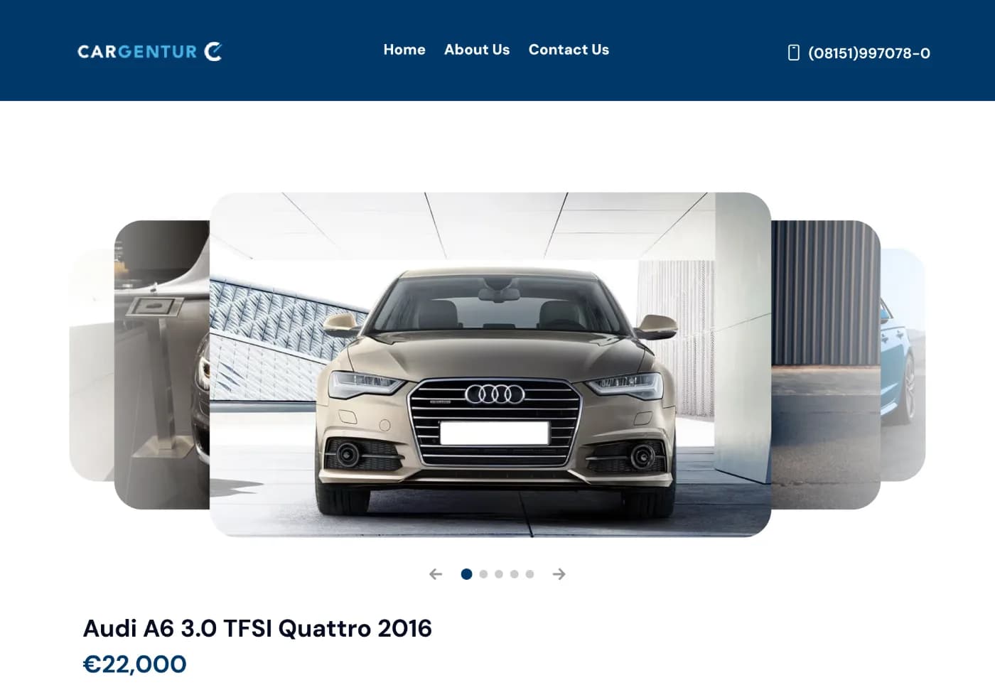 CarGentur personalized vehicle page with image carousel, model name, and price