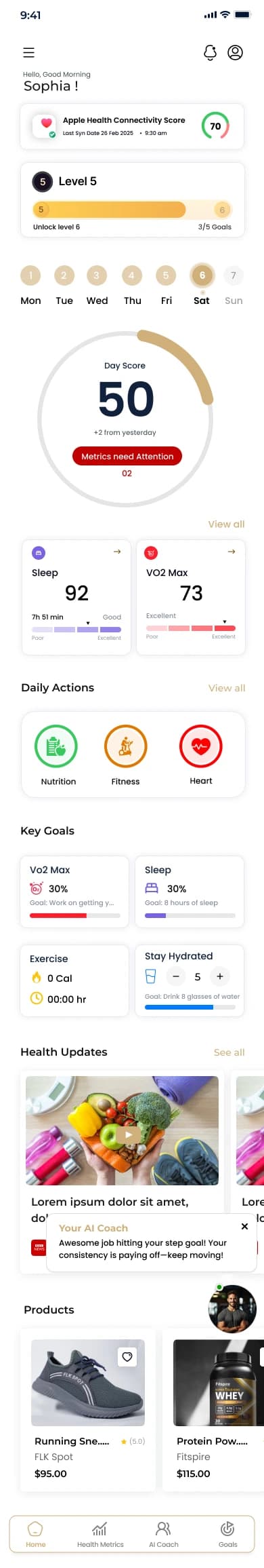 Home dashboard with the day score, level, and key goals