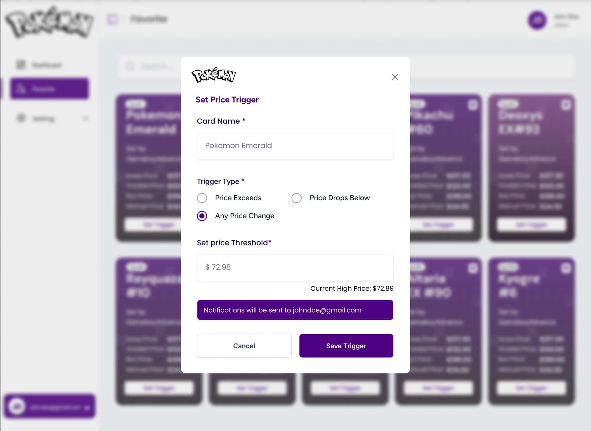 Set price trigger modal