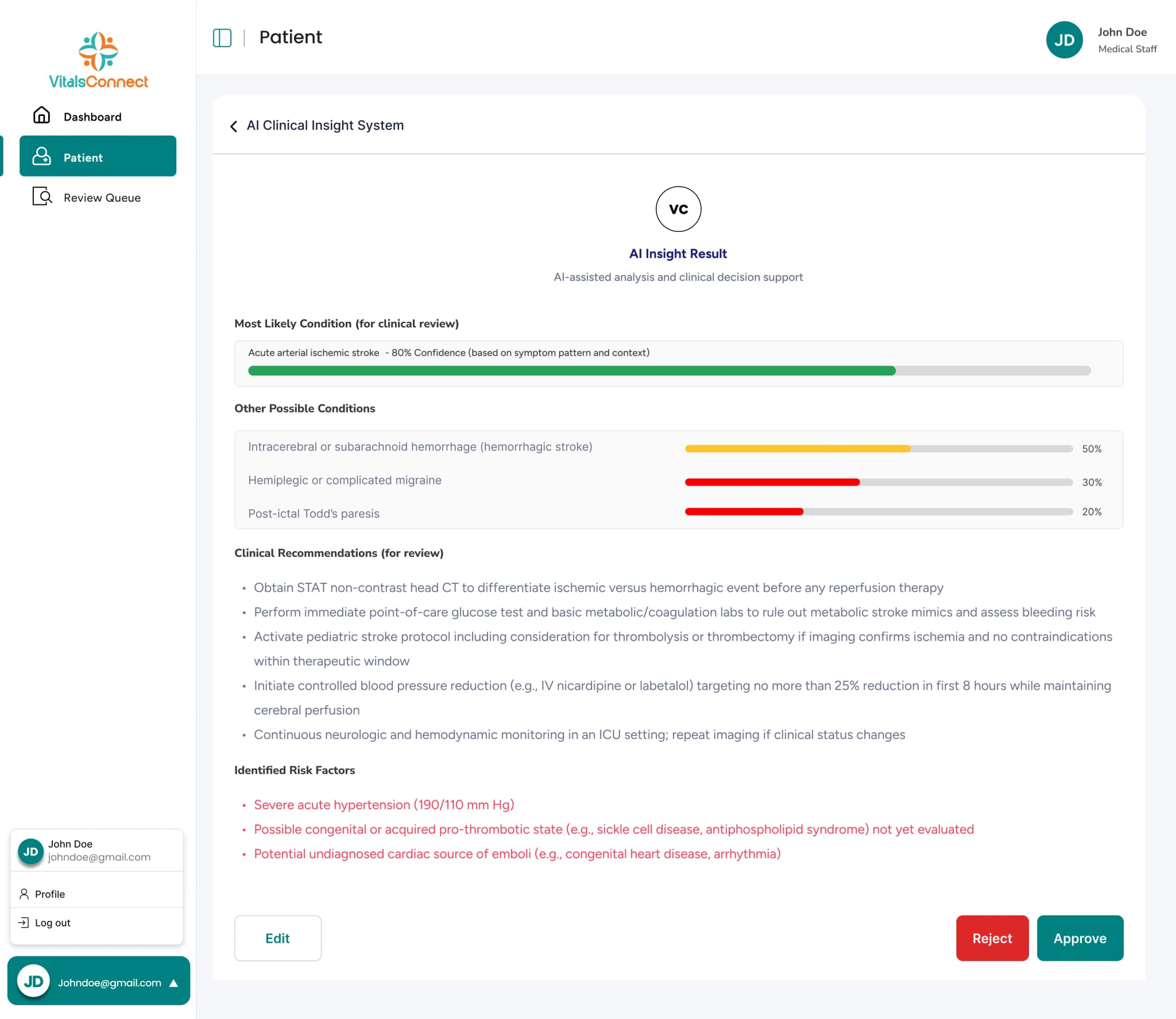 VitalsConnect AI Clinical Insight screen