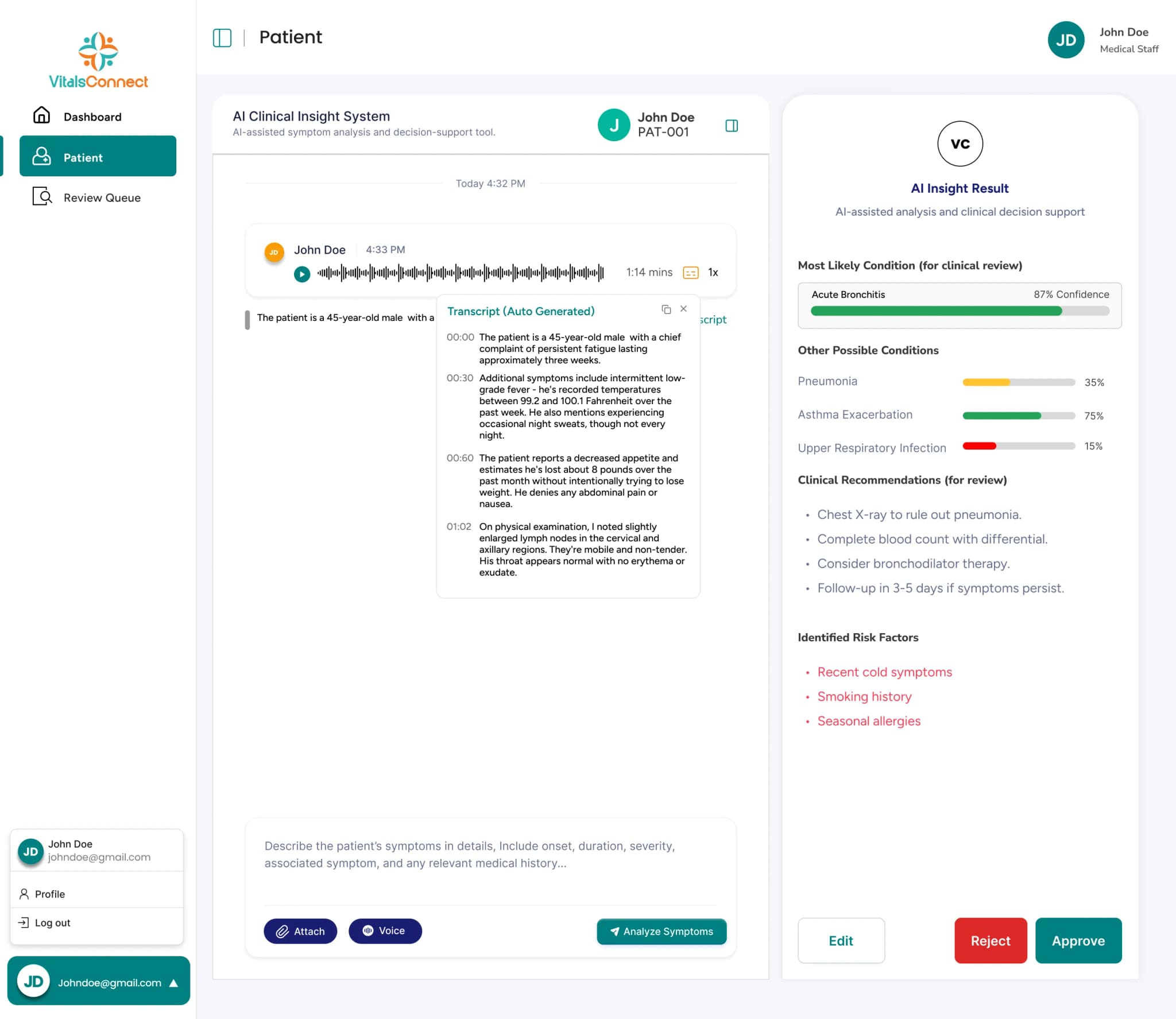 VitalsConnect Voice Intake screen