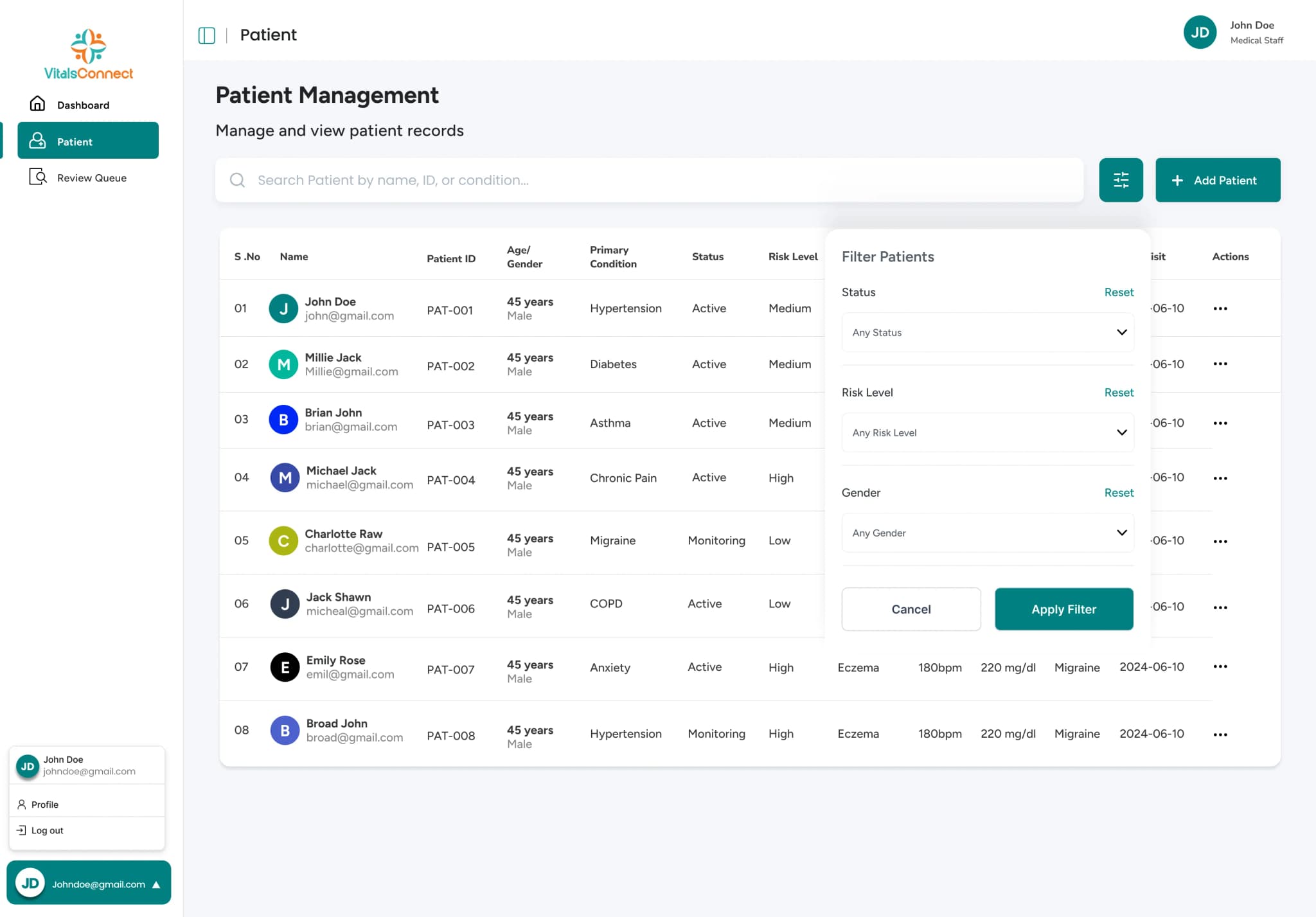 VitalsConnect patient management list with an open filter panel