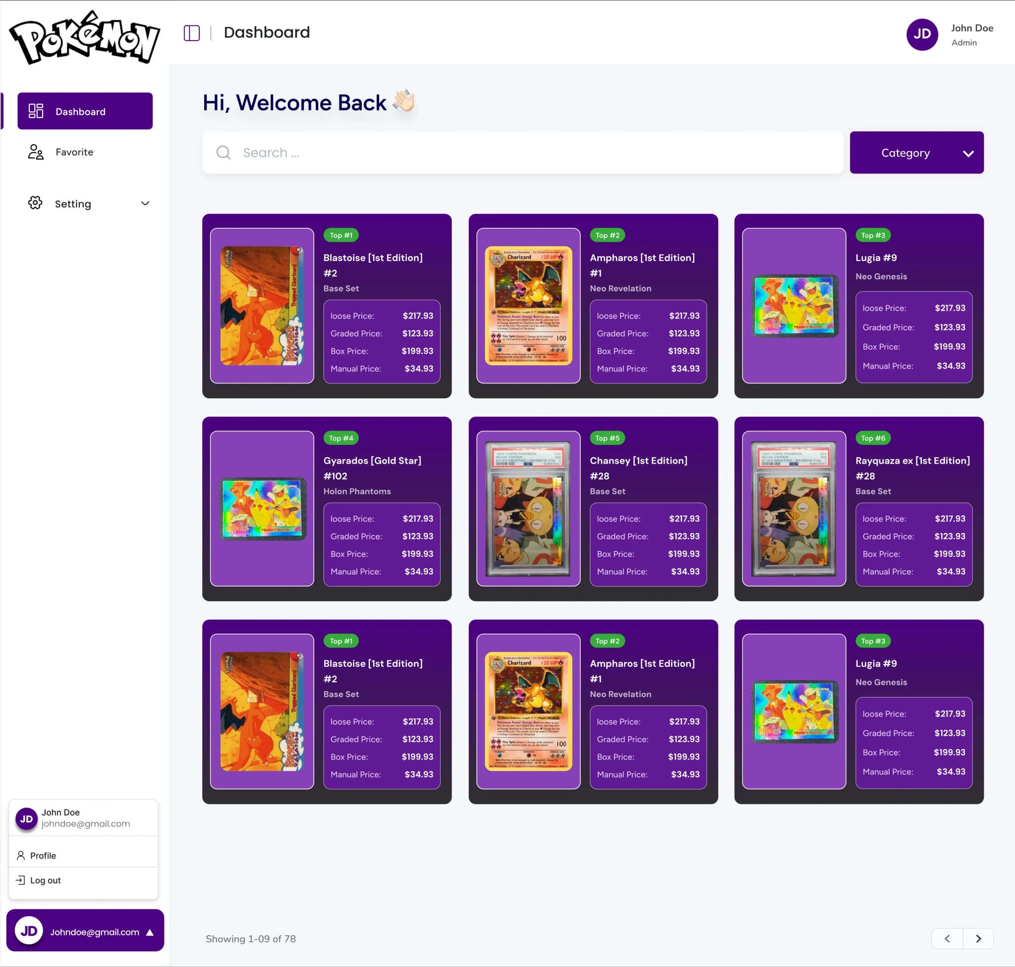 Pokémon Card Analysis dashboard showing tracked cards with pricing