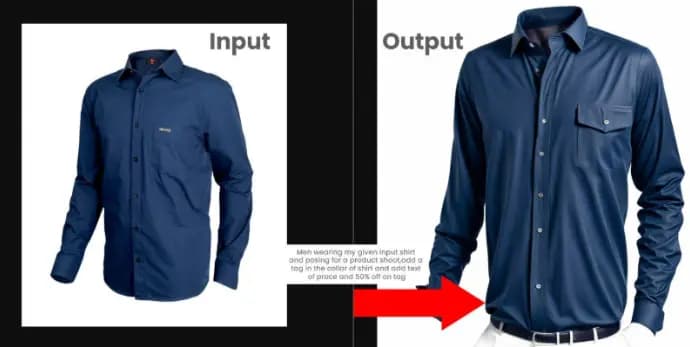 Ad-Inpaint: shirt product shoot with collar tag and 50% off text