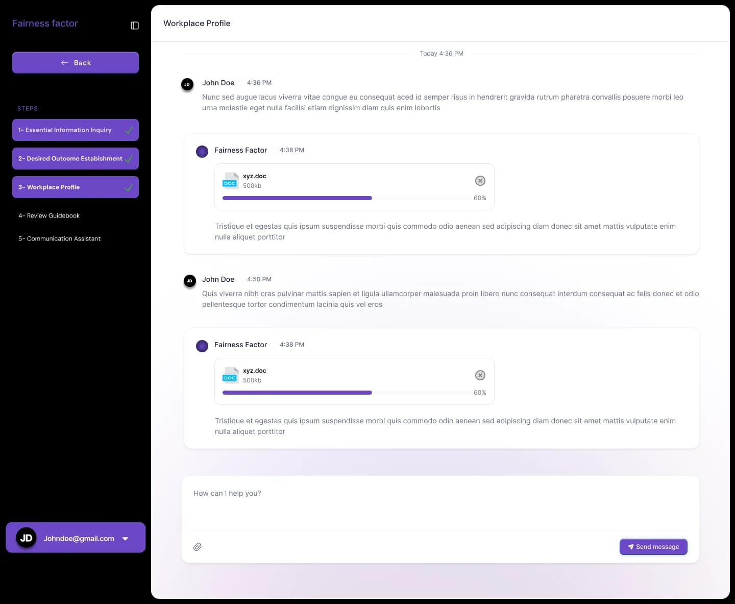 Workplace profile stage where the agent requests a document upload inside the chat