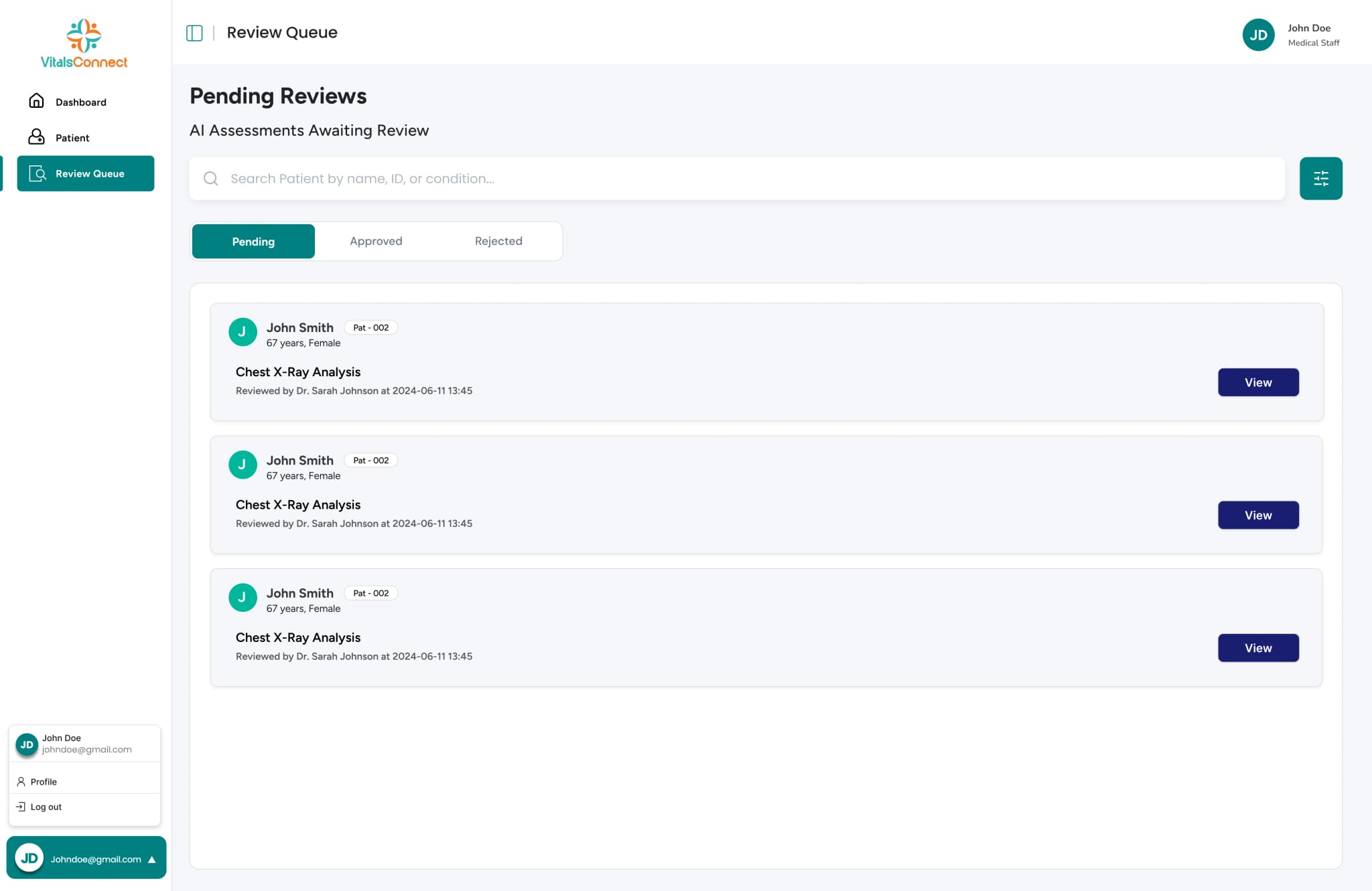 VitalsConnect Review Queue screen