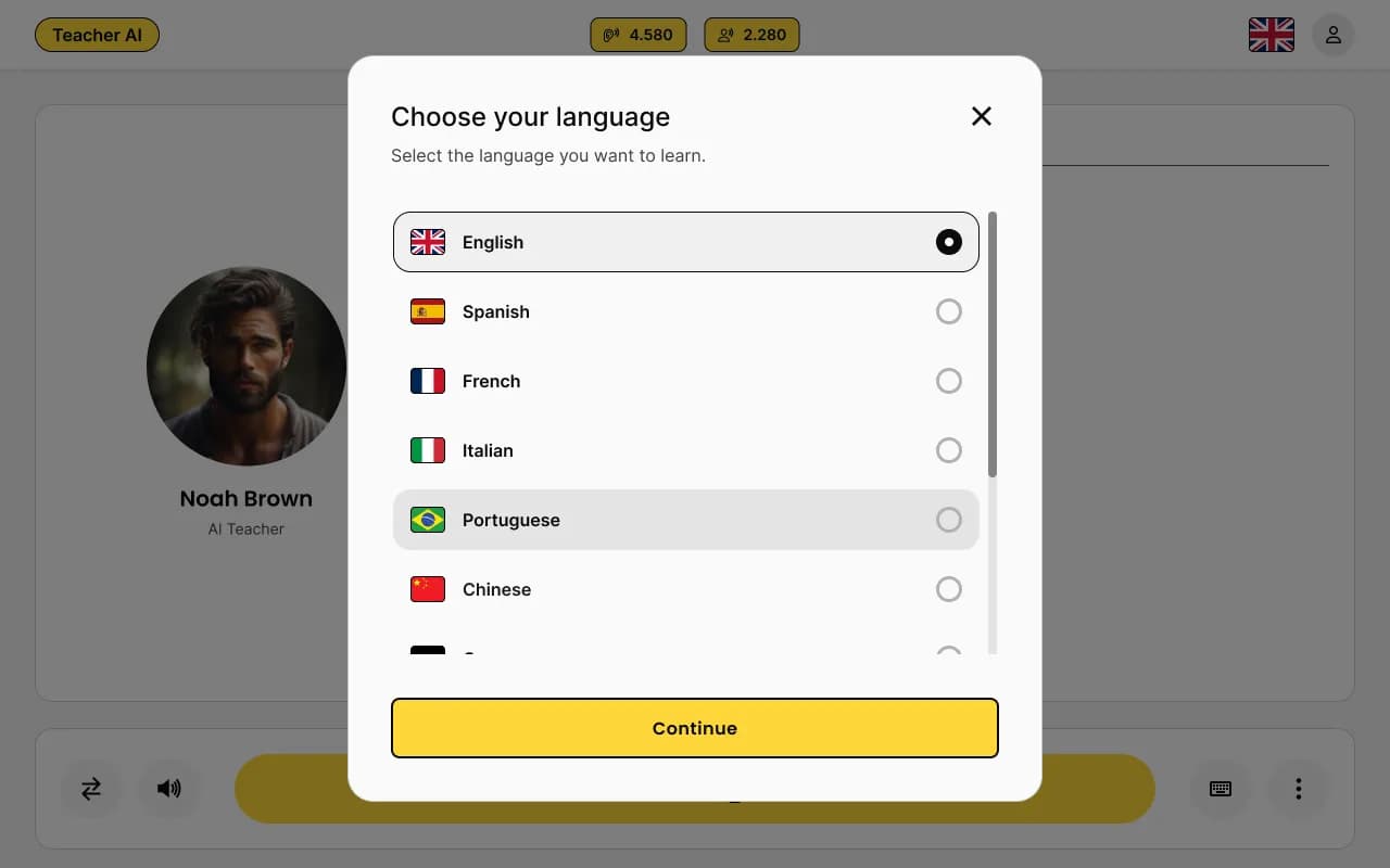 Choosing a language to learn in the Teacher AI web app
