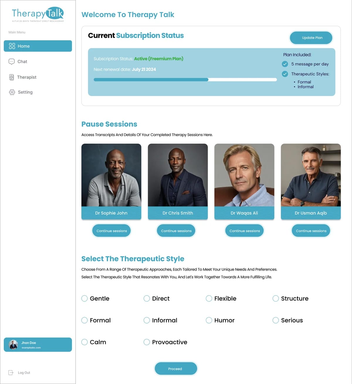 Therapy Talk home dashboard listing completed sessions under each therapist