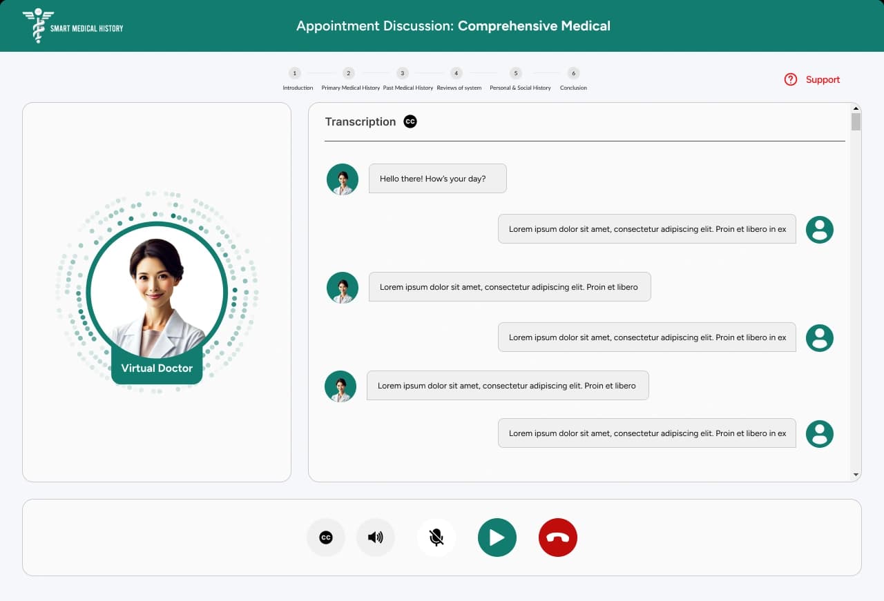 Voice session with the live transcript beside the virtual doctor