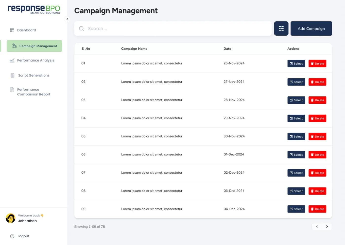 Campaign list screen with status and agent counts per campaign