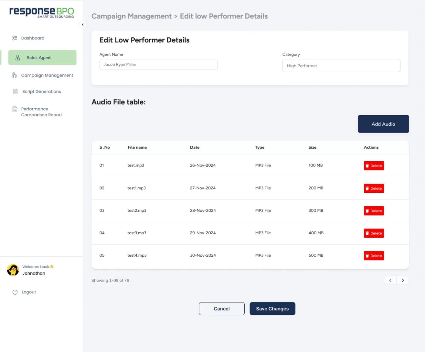 Edit performer details screen with an audio file table listing uploaded MP3 calls