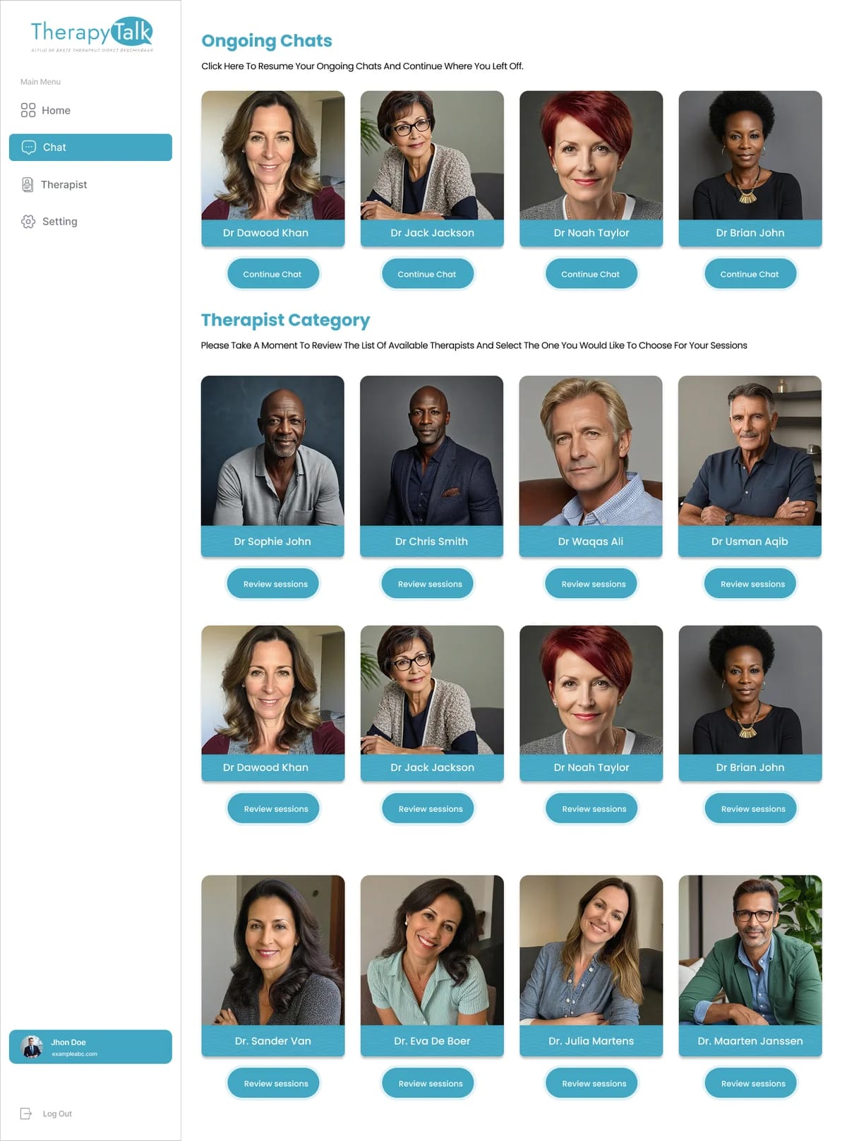 Therapist category grid for selecting or continuing a chat