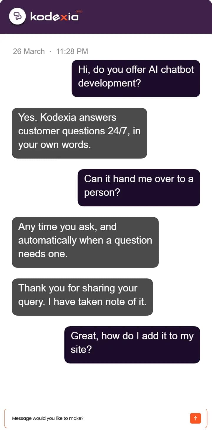 Kodexia conversation on a phone