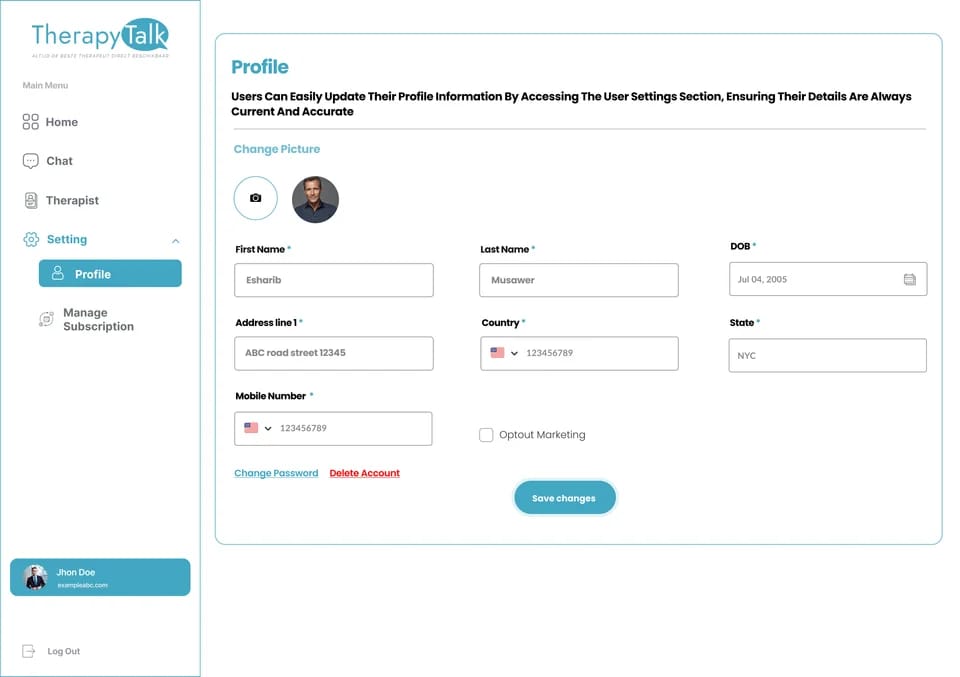Profile settings screen for updating personal details