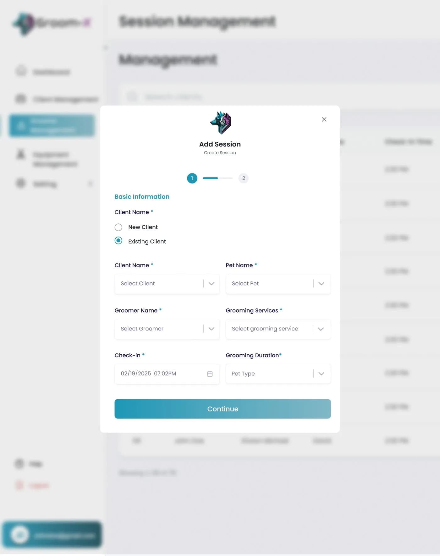 Add Session form with client, pet, groomer, service, and check-in time