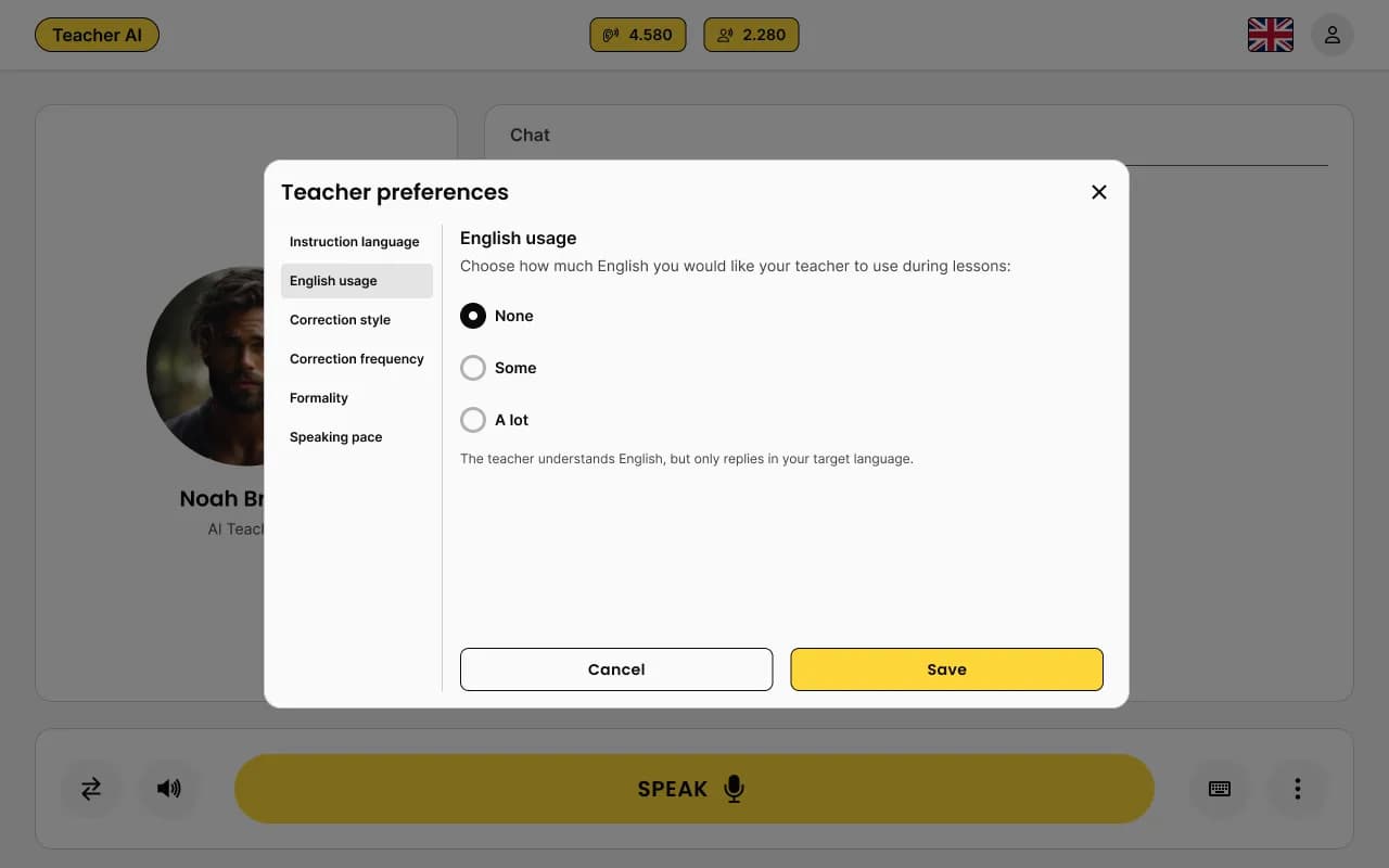Teacher preferences: how much English the teacher uses