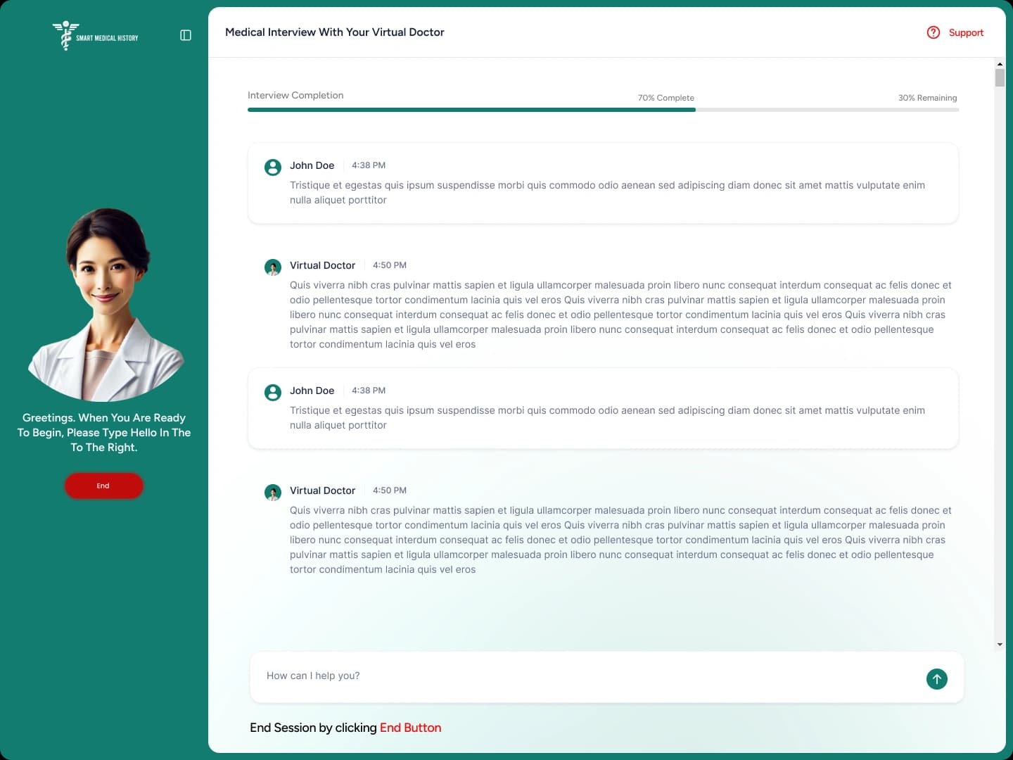 Text interview with a virtual doctor and progress bar