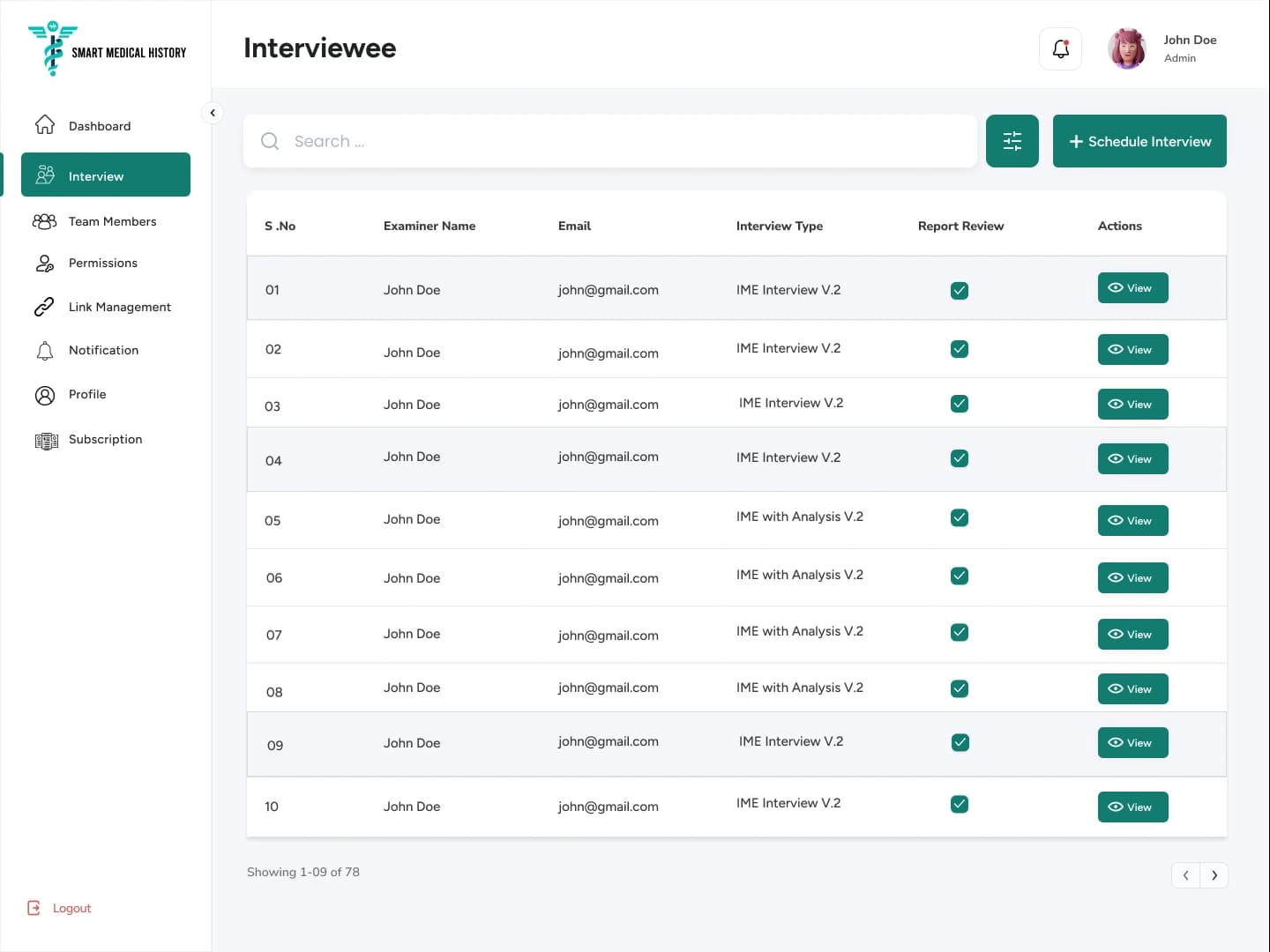 Interview tracking table in the SmartMedHx dashboard