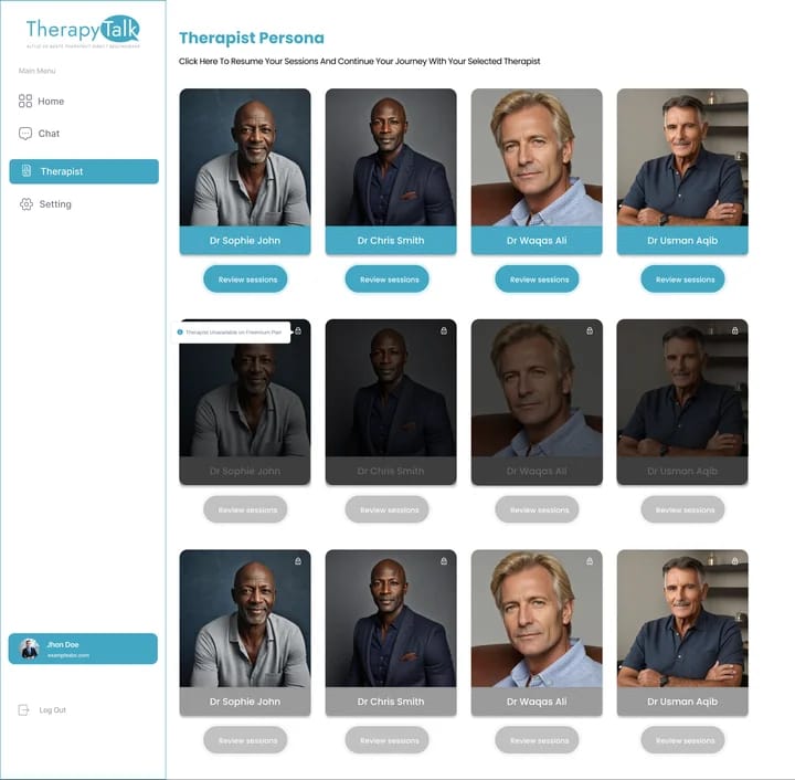 Therapist detail screen showing talking style, age, and focus area