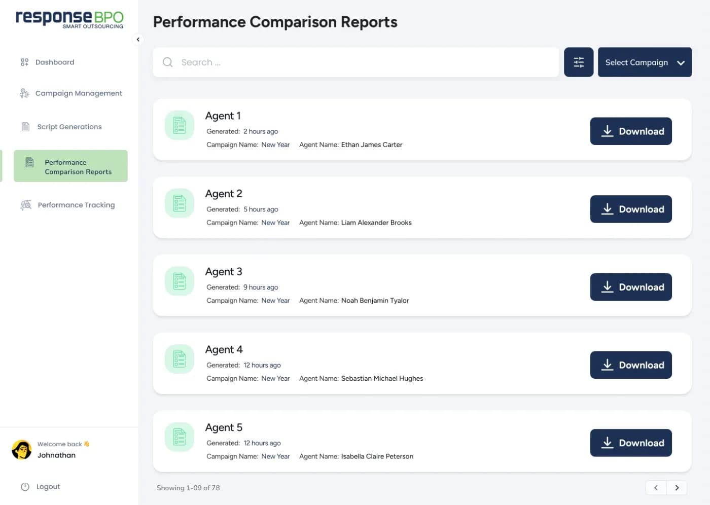 Performance Comparison Reports screen with one downloadable report per agent