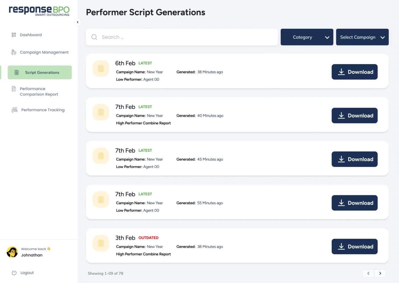 Performer script generations screen listing generated scripts with download actions