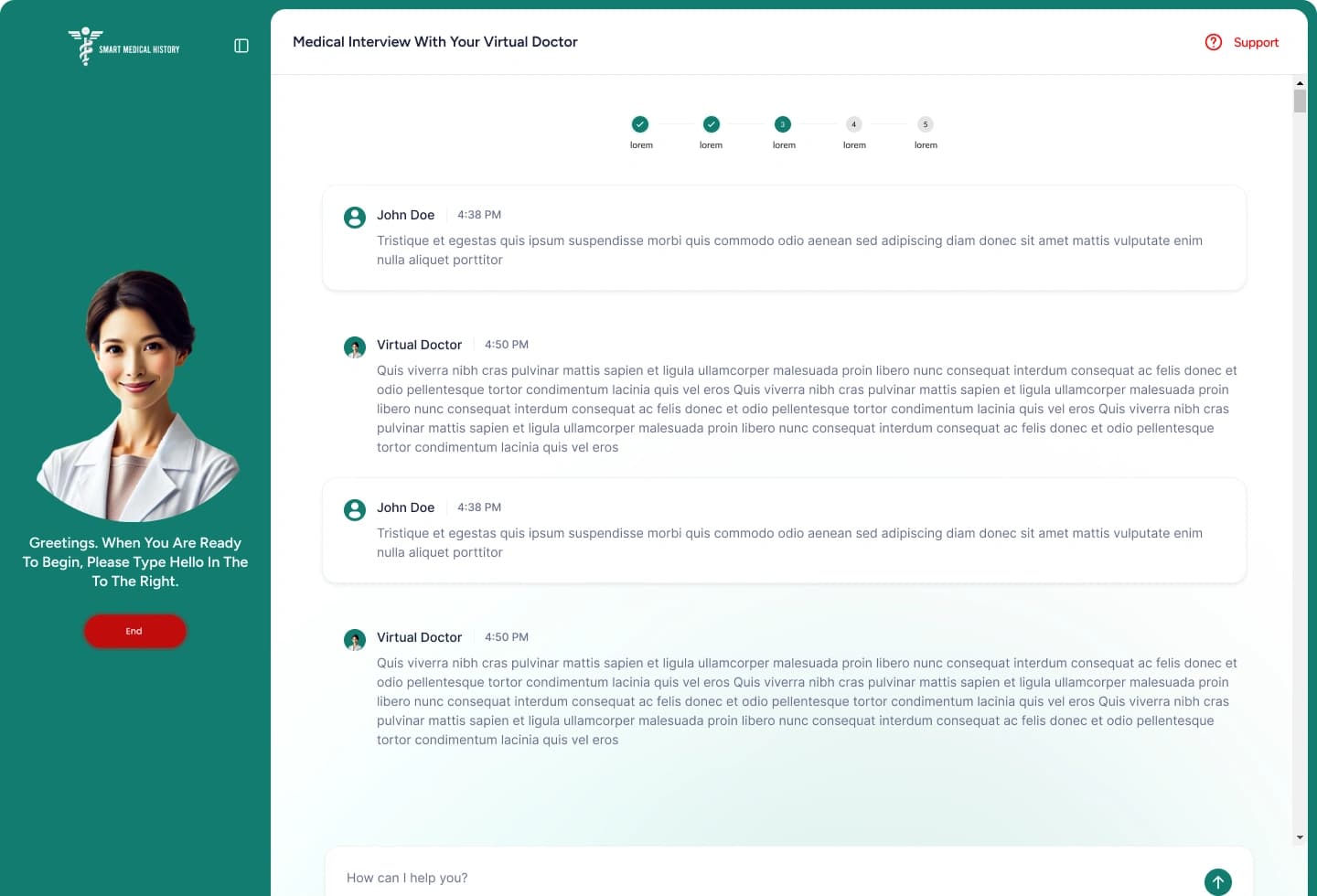 Text interview thread with the message box the patient types into