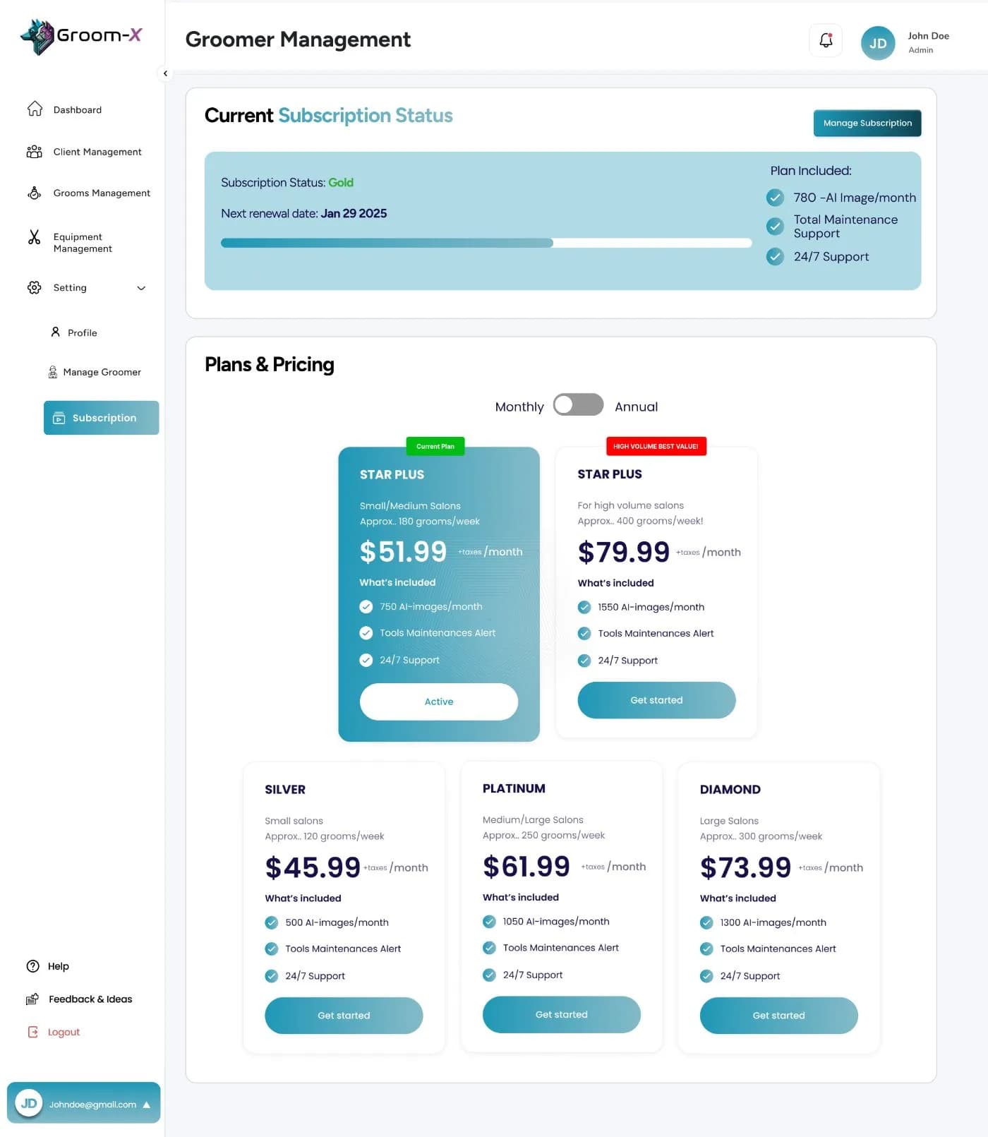 Subscription plan and pricing screen