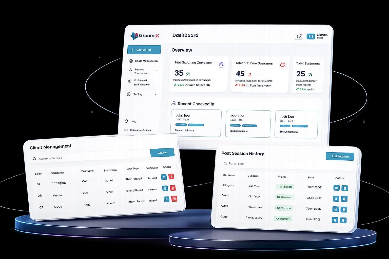 Groom-X dashboard, client management, and past session history screens