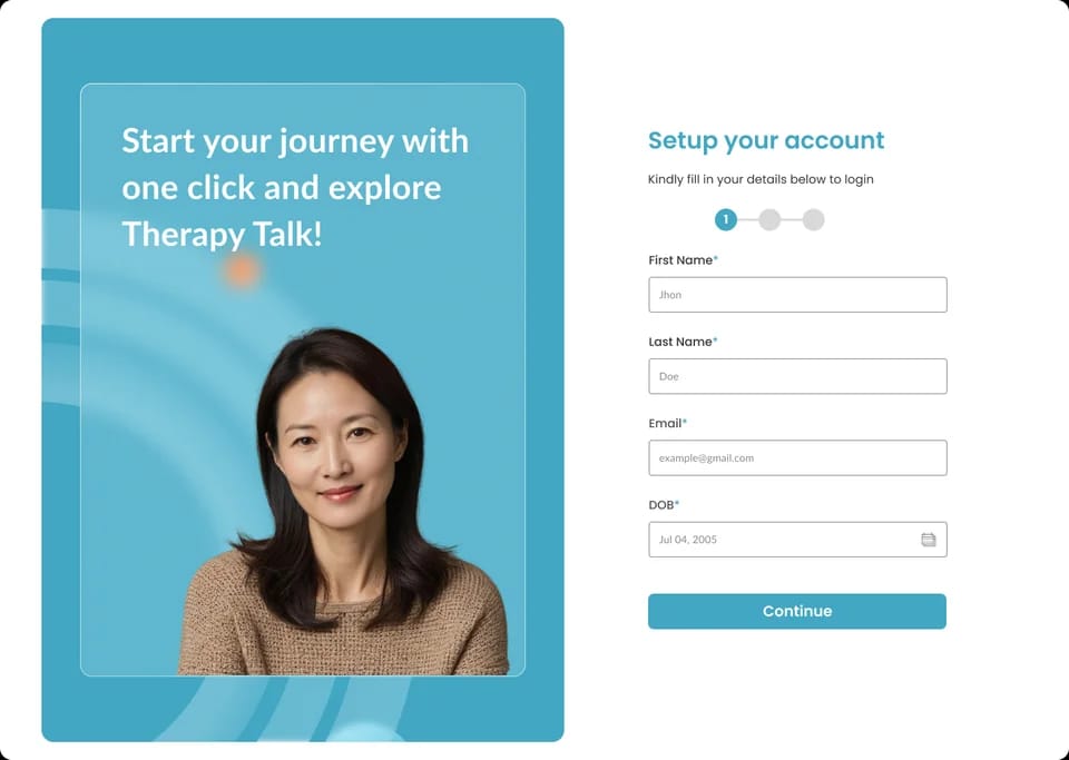 Setup your account onboarding screen, step one