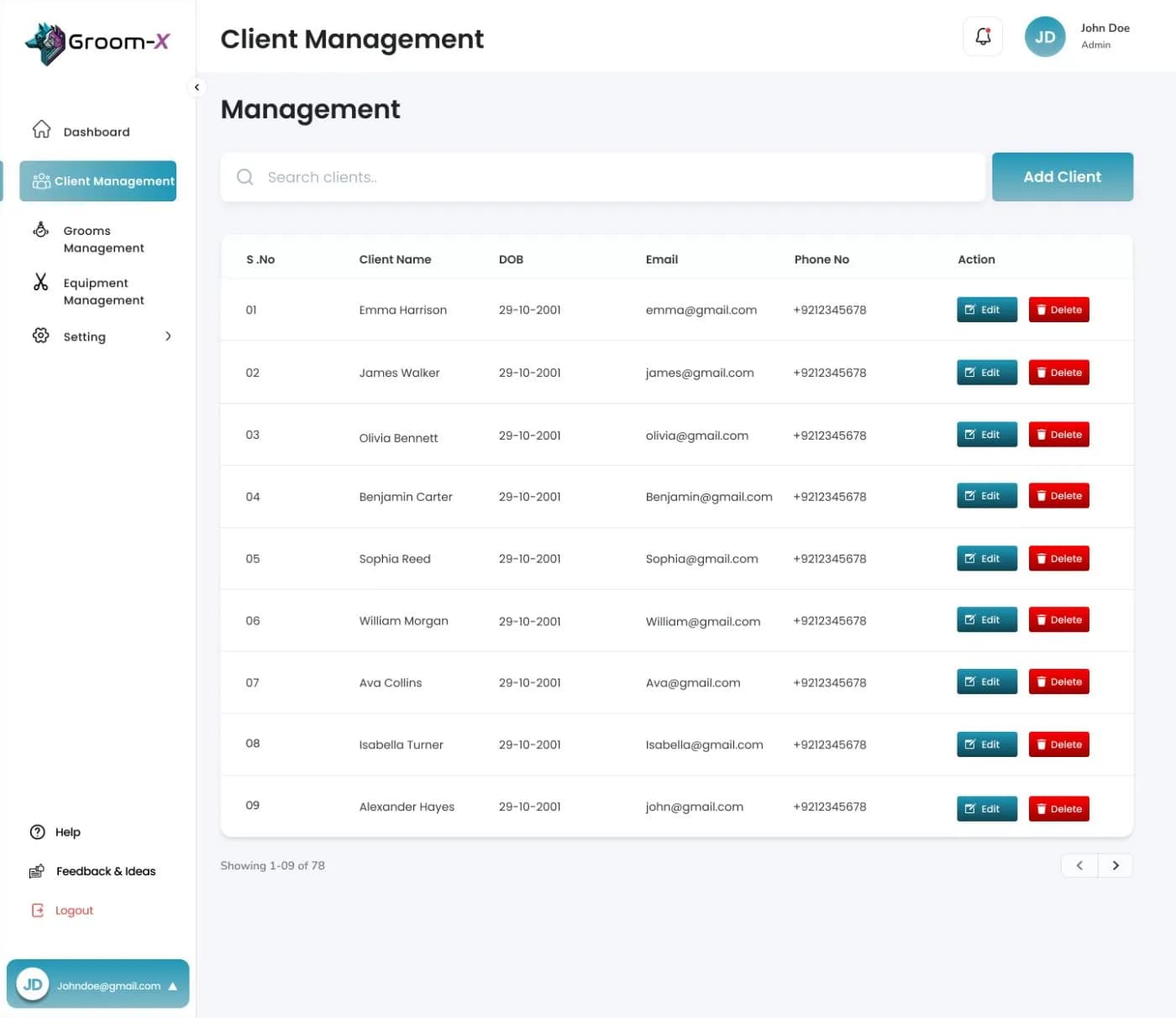 Client Management screen listing customers
