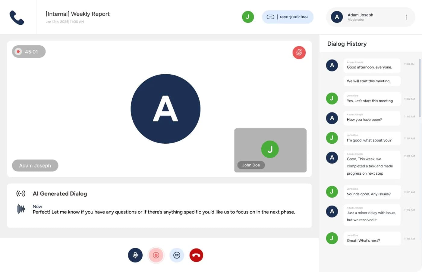 Live call screen with AI generated dialog and a dialog history transcript panel