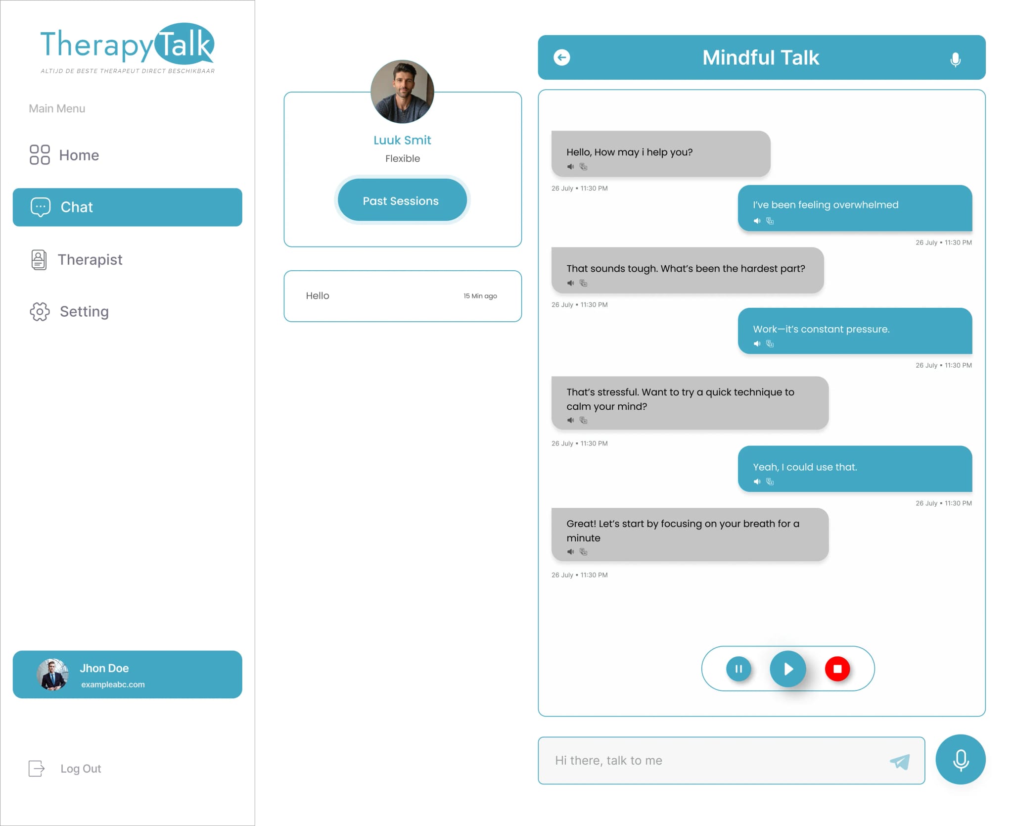 Mindful Talk chat between a user and their chosen AI therapist