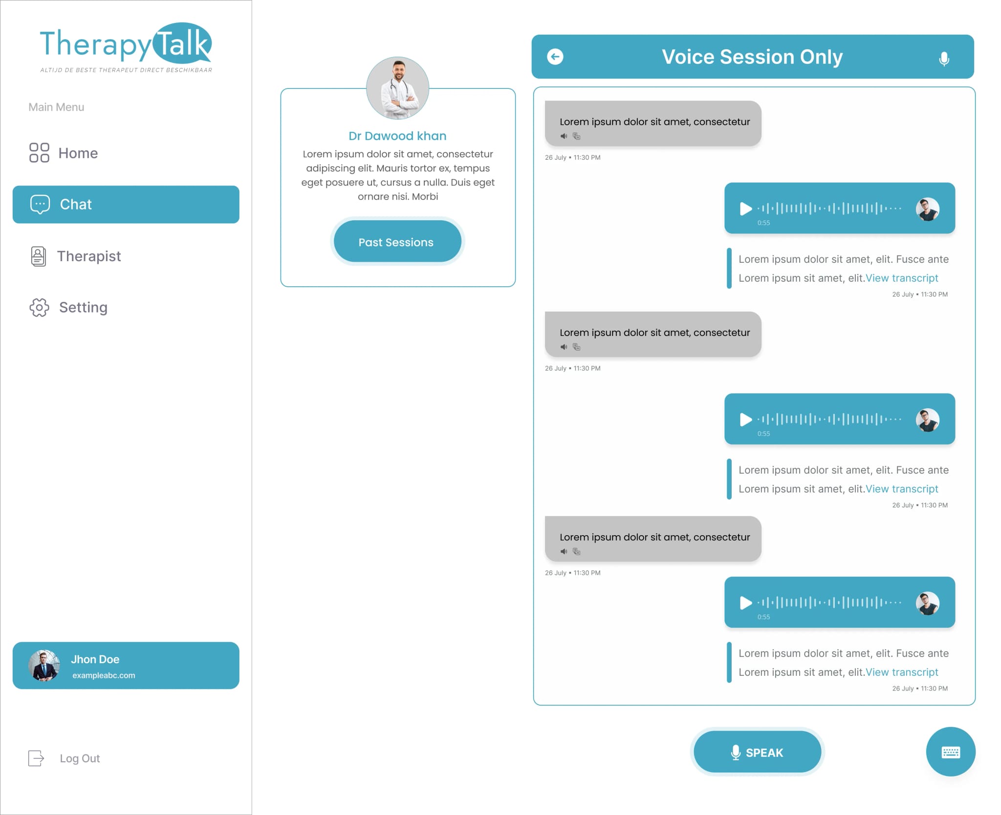 Voice session screen with recorded voice notes and transcripts