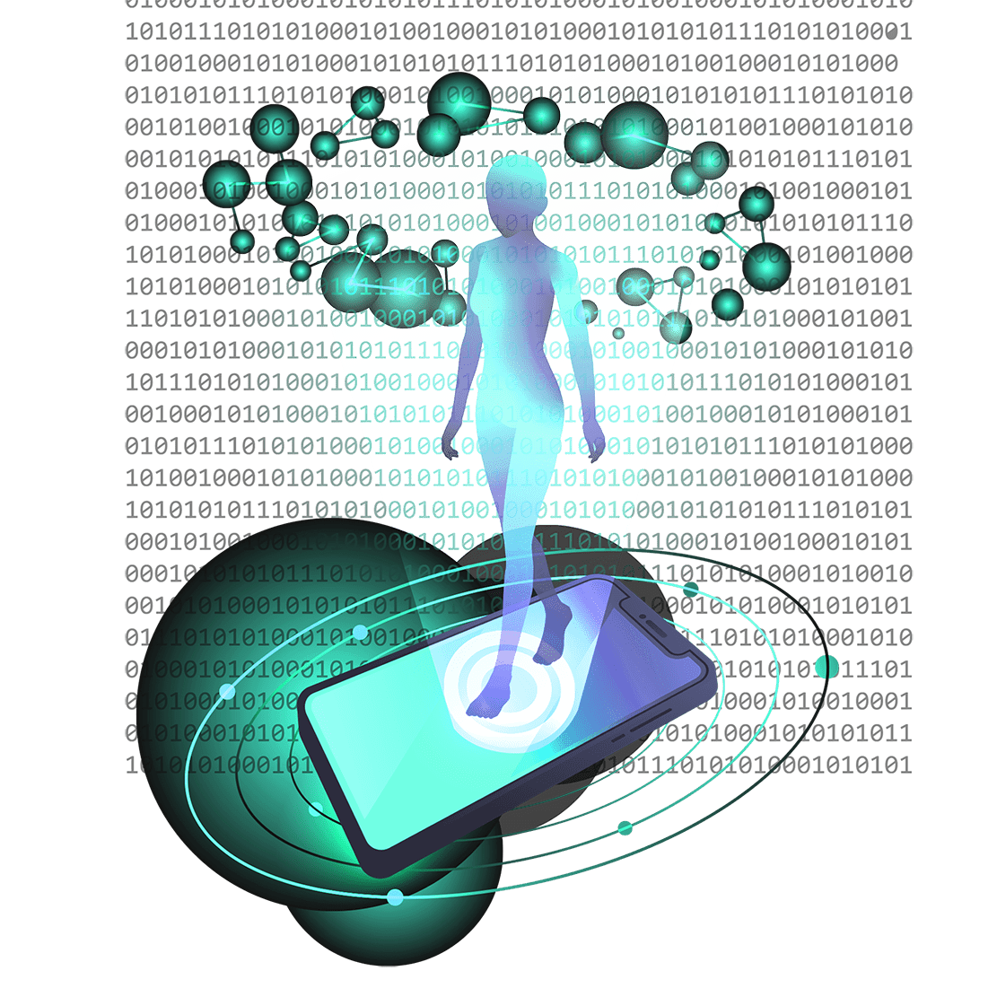 An image of a woman standing on a cell phone with a digital background, symbolizing AI Integration Services.