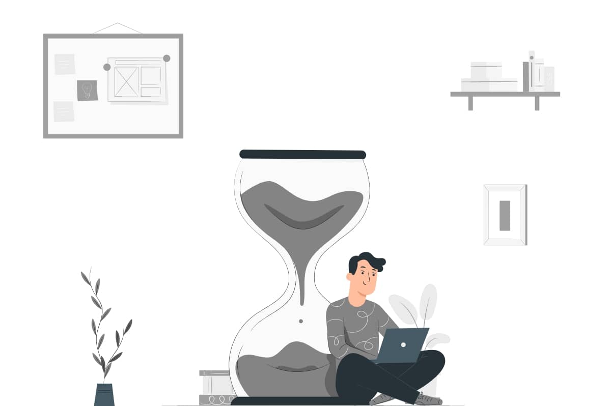 A man analyzing software performance metrics and software performance while sitting in front of an hourglass to Optimize the Request Response Cycle and Slow Website Loading Issues.