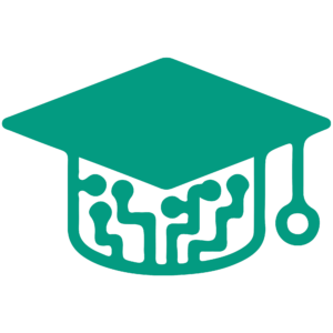 An ed tech-themed green graduation hat featuring a circuit board design, representing the integration of technology in educational settings.