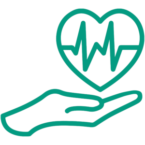 An image of a hand grasping a heart with a visible heartbeat, representing the significance of IT in the Healthcare industry.