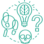 An emblematic representation of a skull, light bulb, and question mark outlined in white on a green background, symbolizing a software product development company.