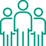 A green background featuring a minimalist line drawing of three individuals, representing a digital product development agency.
